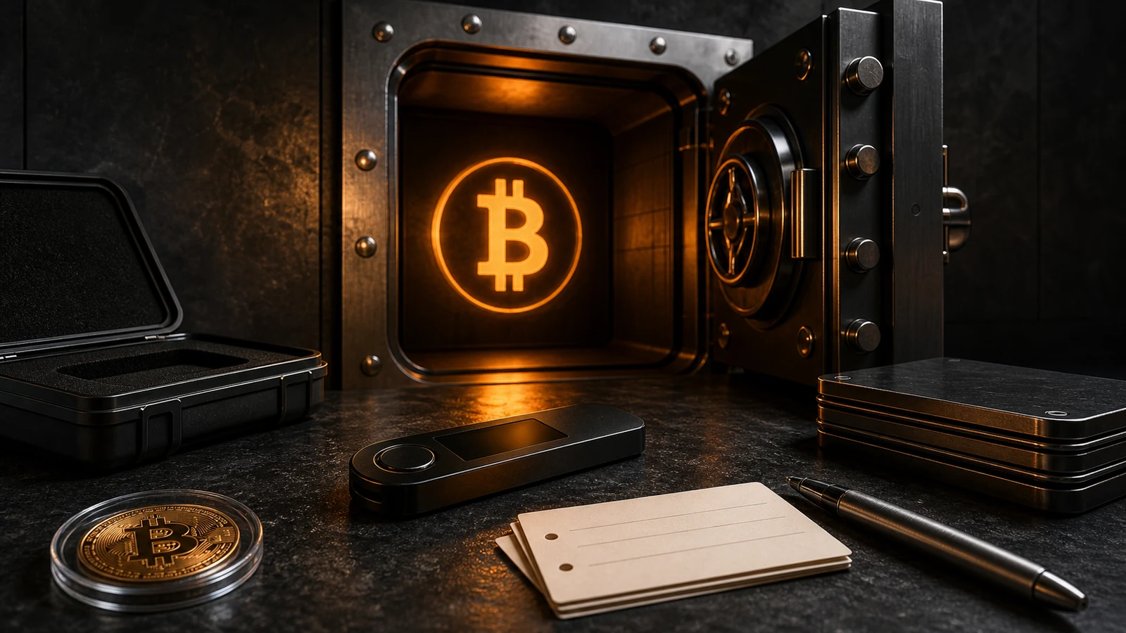 Grafisk bild som visar cold storage, valv och säker bitcoinförvaring